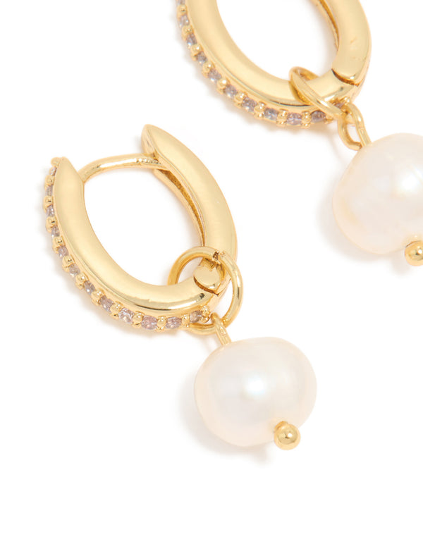 Gold Pavé Cubic Zirconia & Freshwater Pearl Huggie Drop Earrings