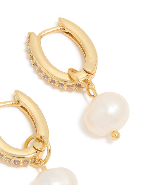 Gold Pavé Cubic Zirconia & Freshwater Pearl Huggie Drop Earrings