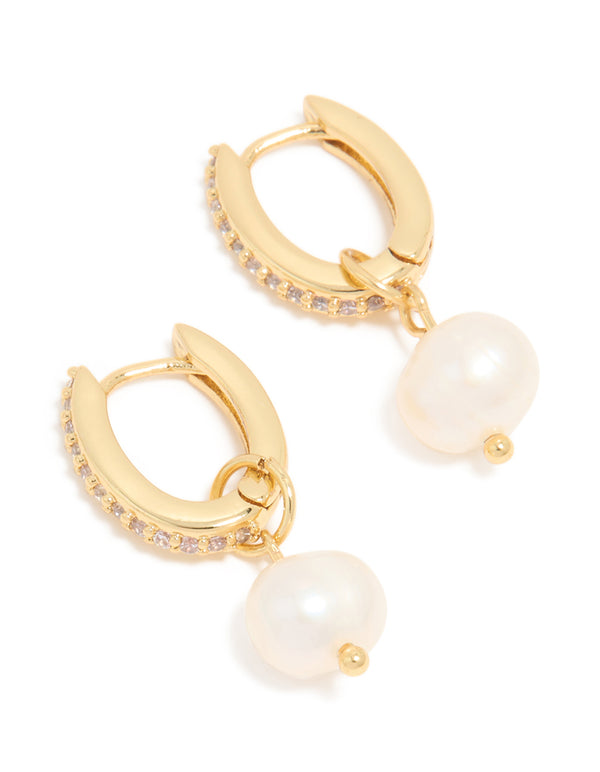 Gold Pavé Cubic Zirconia & Freshwater Pearl Huggie Drop Earrings