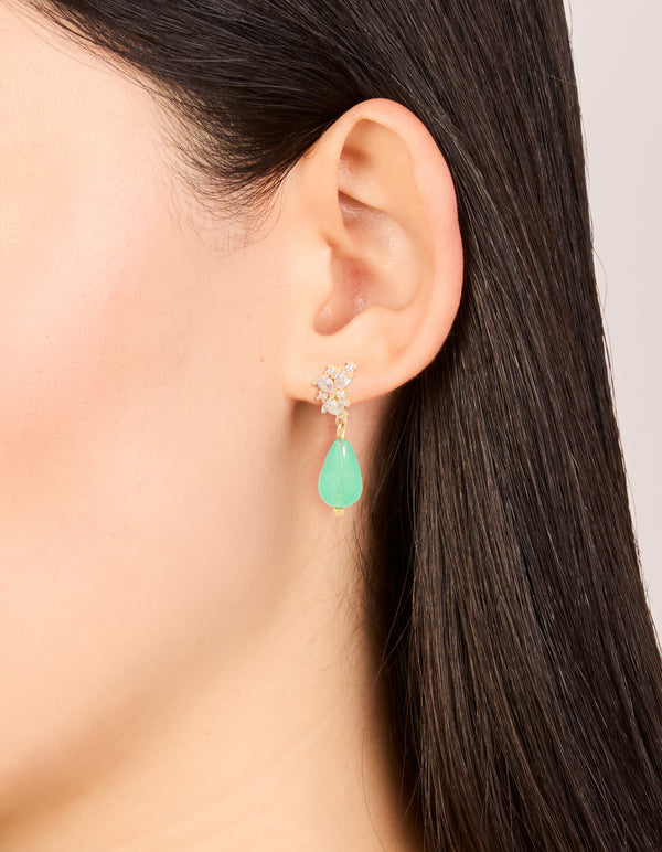 Gold Cubic Zirconia Green Jade Semi Precious Stone Beaded Drop Earrings