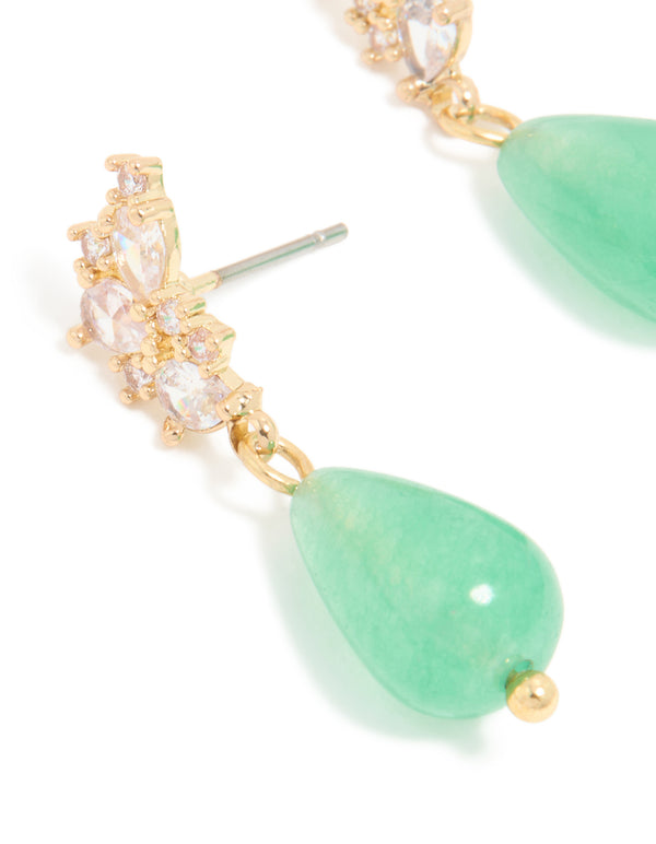 Gold Cubic Zirconia Green Jade Semi Precious Stone Beaded Drop Earrings