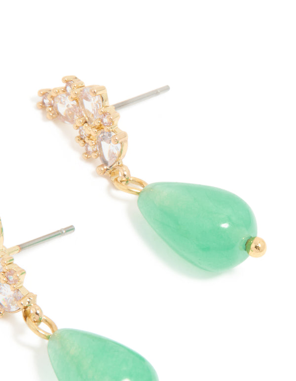 Gold Cubic Zirconia Green Jade Semi Precious Stone Beaded Drop Earrings