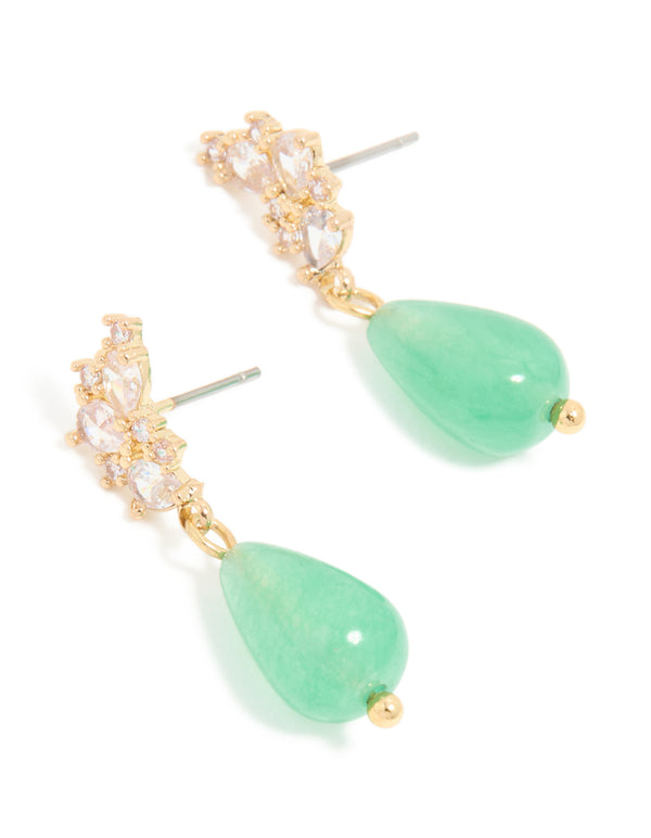 Gold Cubic Zirconia Green Jade Semi Precious Stone Beaded Drop Earrings