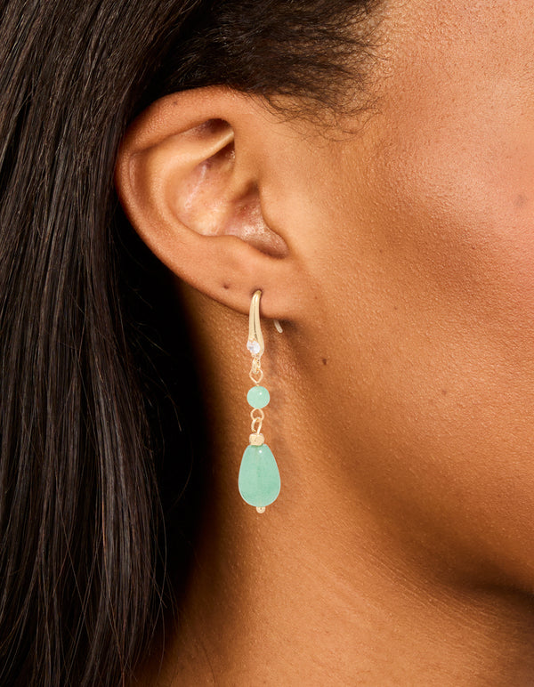 Gold Jade Green Semi Precious Stone Oval Long Drop Hoop Earrings