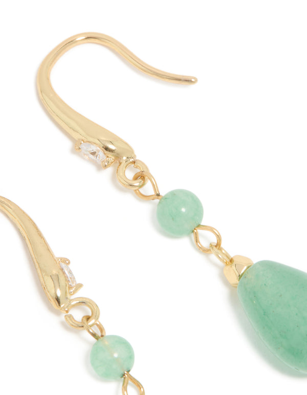 Gold Jade Green Semi Precious Stone Oval Long Drop Hoop Earrings
