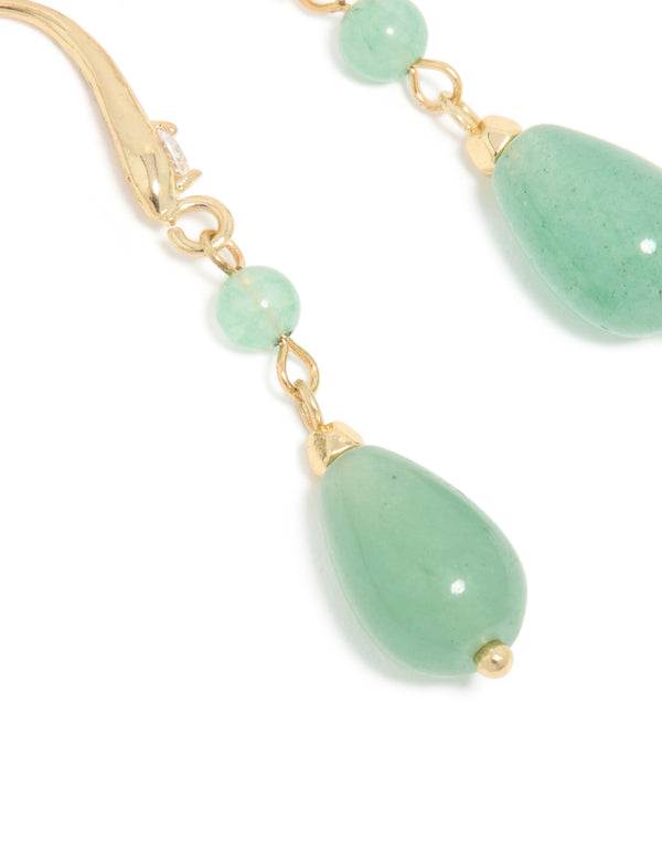 Gold Jade Green Semi Precious Stone Oval Long Drop Hoop Earrings