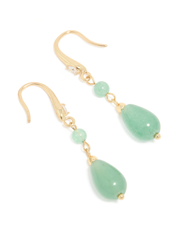 Gold Jade Green Semi Precious Stone Oval Long Drop Hoop Earrings
