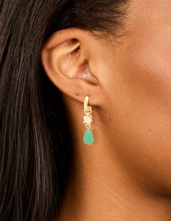 Gold Green Jade Semi Precious Stone & Cubic Zirconia Earrings 2- Pack