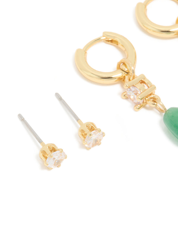 Gold Green Jade Semi Precious Stone & Cubic Zirconia Earrings 2- Pack