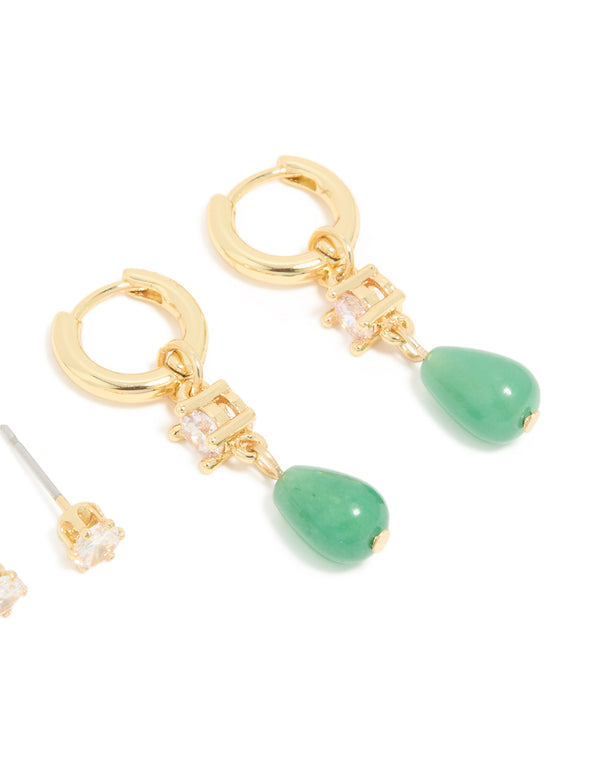 Gold Green Jade Semi Precious Stone & Cubic Zirconia Earrings 2- Pack