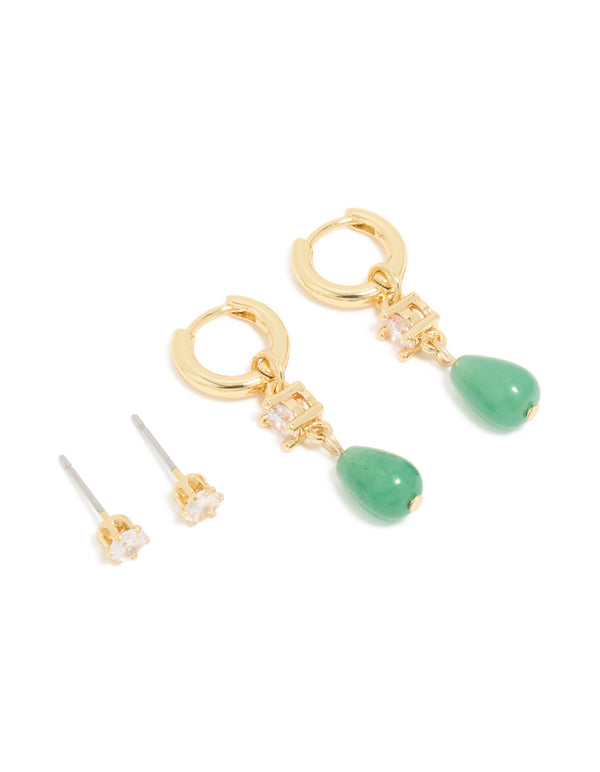 Gold Green Jade Semi Precious Stone & Cubic Zirconia Earrings 2- Pack