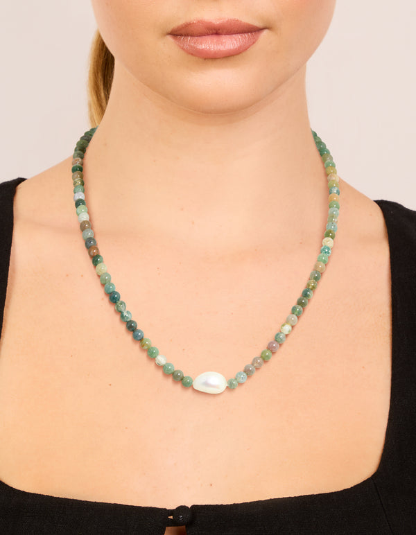 Gold Plated Jade Semi Precious Stone Mixed Beaded Freshwater Pearl Necklace