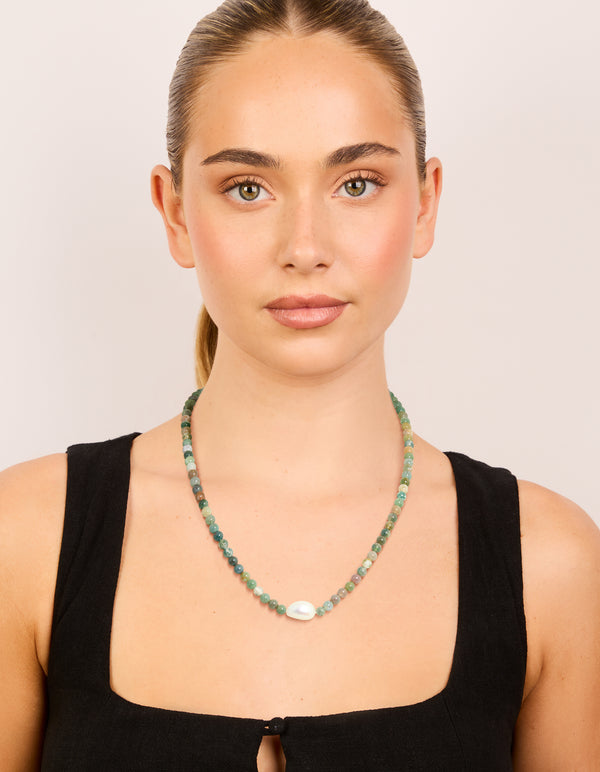 Gold Plated Jade Semi Precious Stone Mixed Beaded Freshwater Pearl Necklace