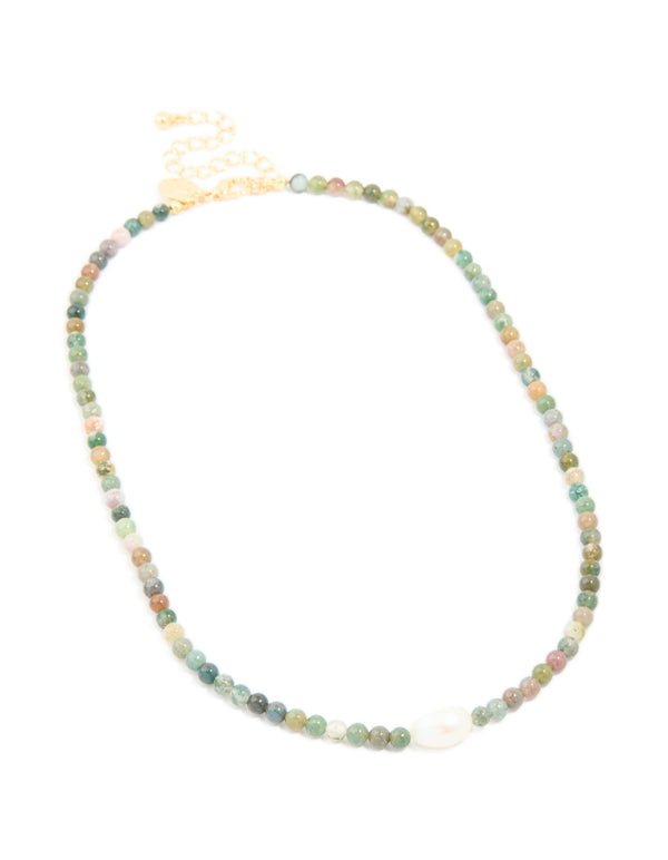Gold Plated Jade Semi Precious Stone Mixed Beaded Freshwater Pearl Necklace