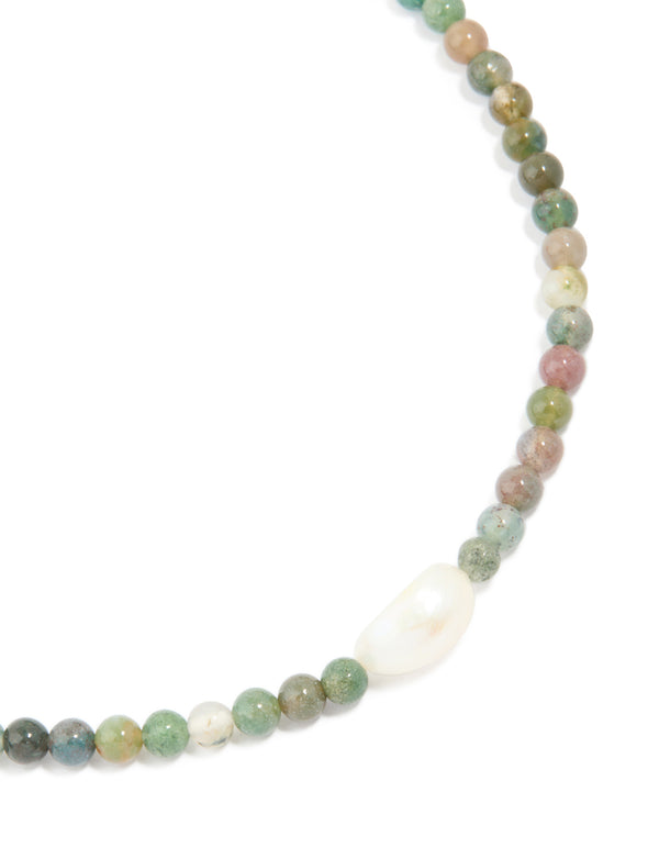 Gold Plated Jade Semi Precious Stone Mixed Beaded Freshwater Pearl Necklace