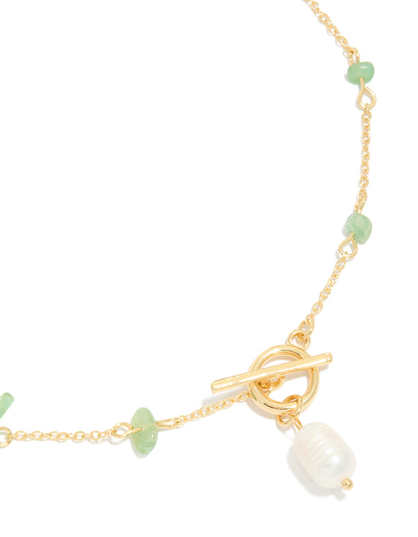 Gold Green Jade Semi Precious Stone Chip & Freshwater Pearl Drop Necklace
