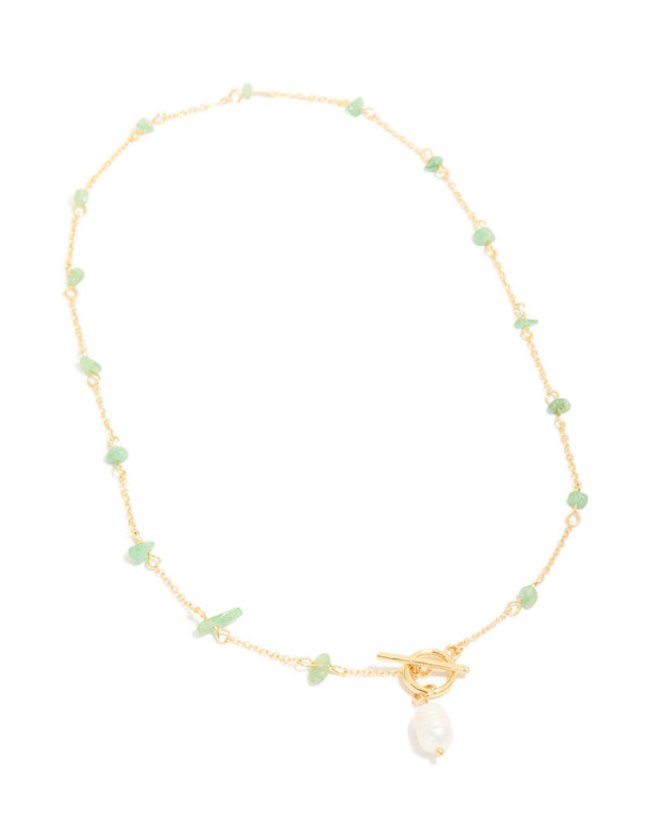 Gold Green Jade Semi Precious Stone Chip & Freshwater Pearl Drop Necklace