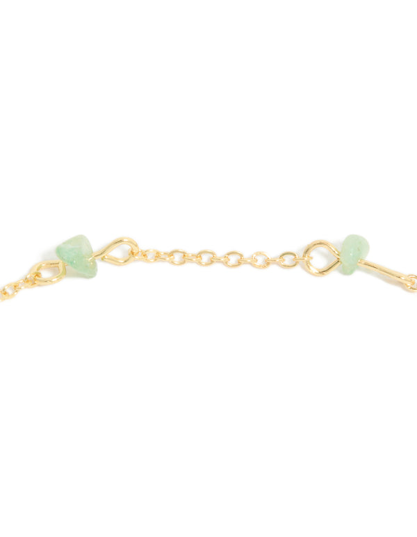 Gold Green Jade Semi Precious Stone Chip & Freshwater Pearl Drop Necklace