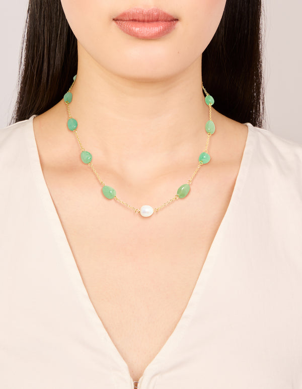 Gold Plated Jade Semi Precious Stone Beaded Station Necklace