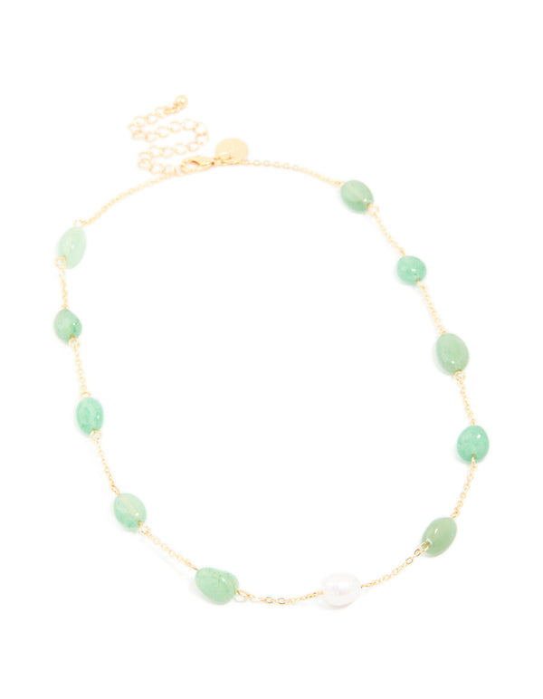 Gold Plated Jade Semi Precious Stone Beaded Station Necklace