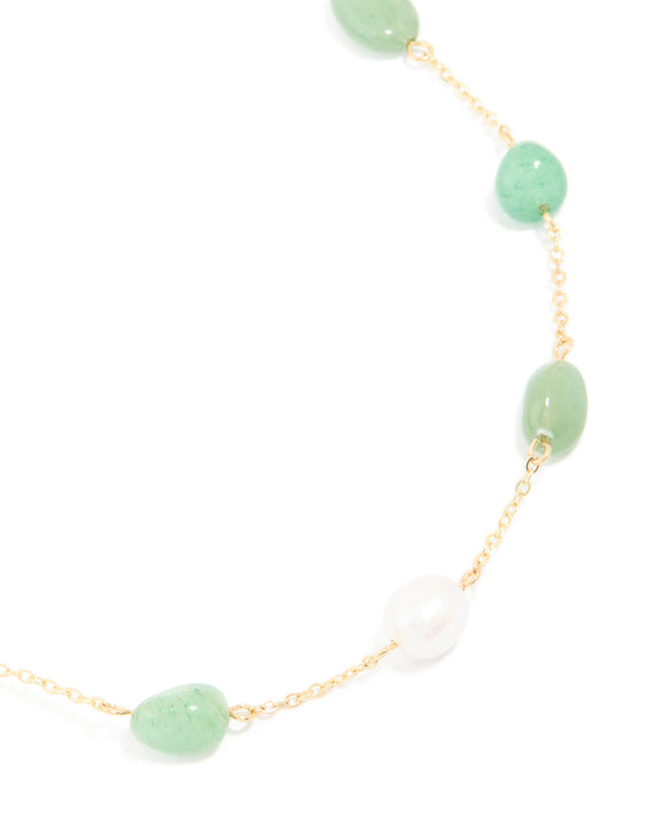 Gold Plated Jade Semi Precious Stone Beaded Station Necklace