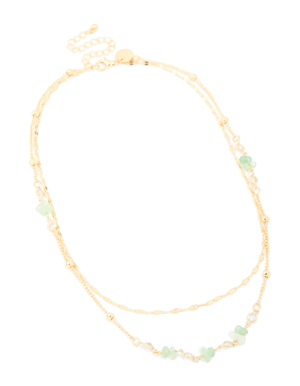 Gold Plated Jade Semi Precious Stone Cubic Zirconia Layered Chain Necklace