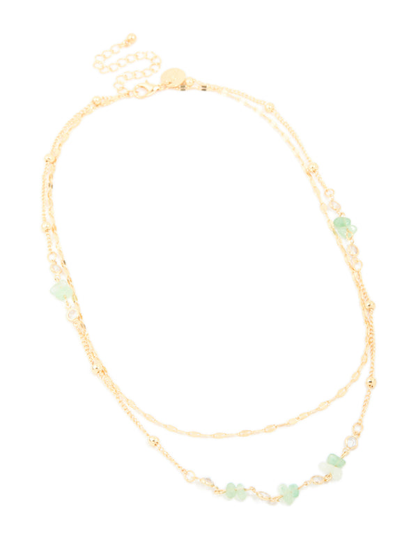 Gold Plated Jade Semi Precious Stone Cubic Zirconia Layered Chain Necklace