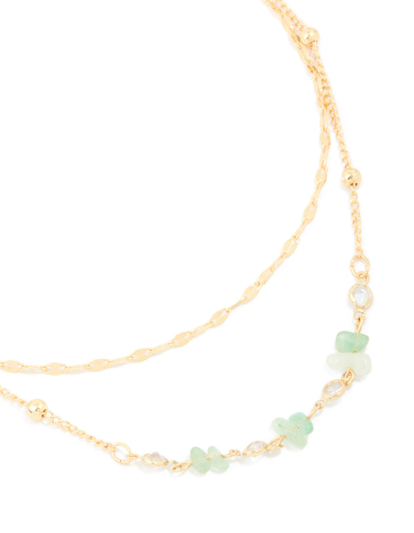Gold Plated Jade Semi Precious Stone Cubic Zirconia Layered Chain Necklace