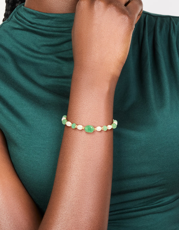 Gold Plated Pearl & Jade Semi Precious Stone Chain Bracelet