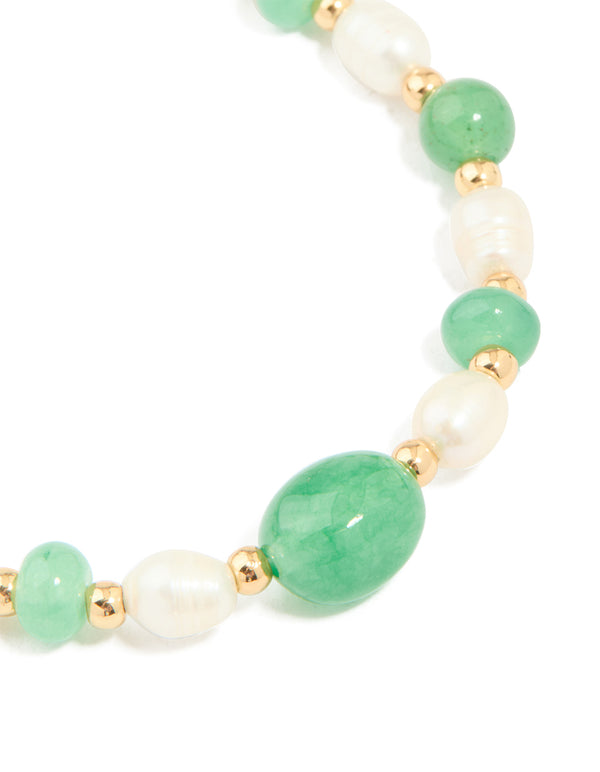 Gold Plated Pearl & Jade Semi Precious Stone Chain Bracelet