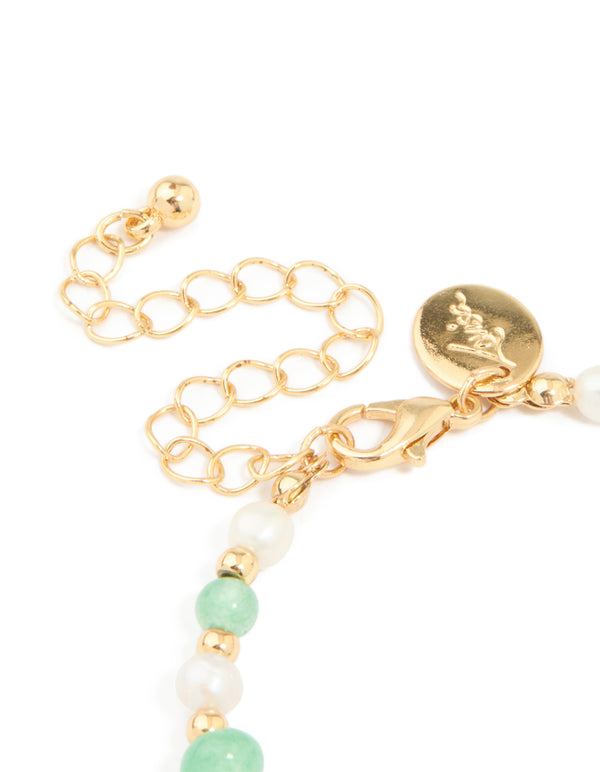 Gold Plated Pearl & Jade Semi Precious Stone Chain Bracelet