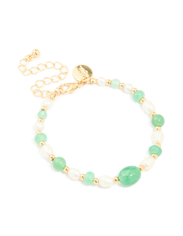 Gold Plated Pearl & Jade Semi Precious Stone Chain Bracelet