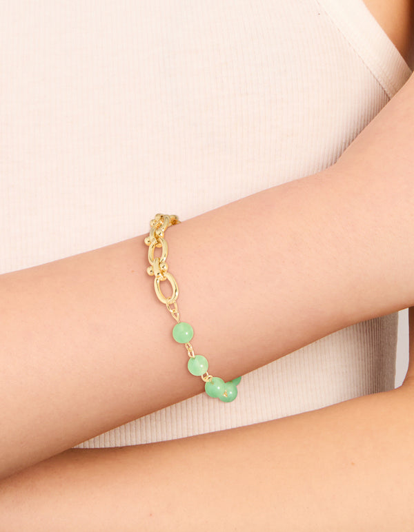 Gold Jade Semi Precious Stone Beaded Chain Bracelet