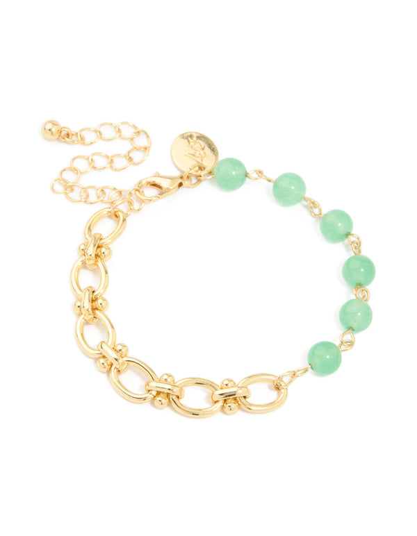 Gold Jade Semi Precious Stone Beaded Chain Bracelet