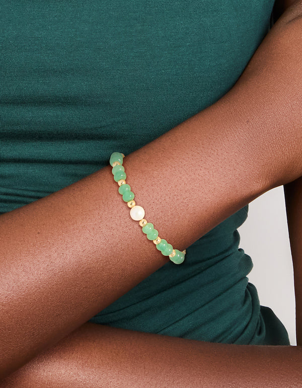 Gold Jade Semi Precious Stone & Freshwater Pearl Beaded Bracelet