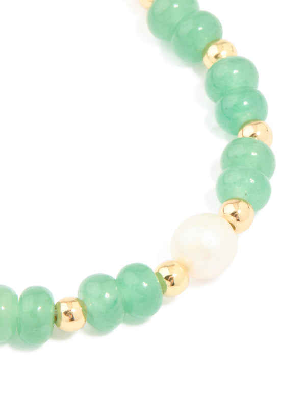 Gold Jade Semi Precious Stone & Freshwater Pearl Beaded Bracelet