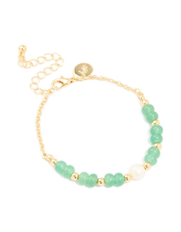 Gold Jade Semi Precious Stone & Freshwater Pearl Beaded Bracelet