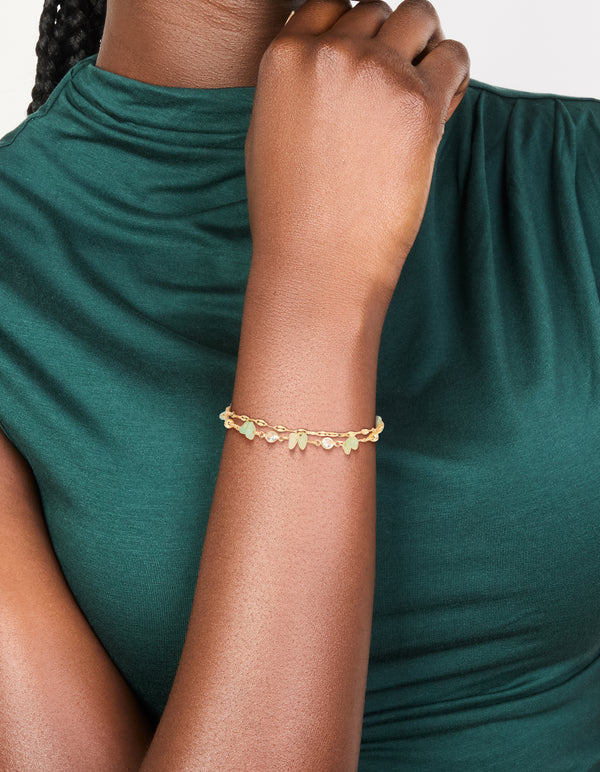 Gold Plated Jade Semi Precious Stone Chip & Cubic Zirconia Layered Bracelet