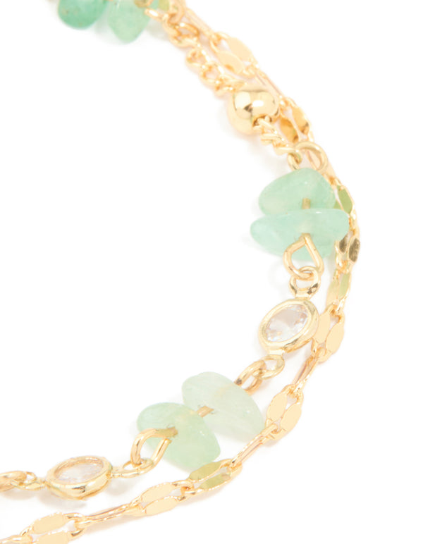 Gold Plated Jade Semi Precious Stone Chip & Cubic Zirconia Layered Bracelet