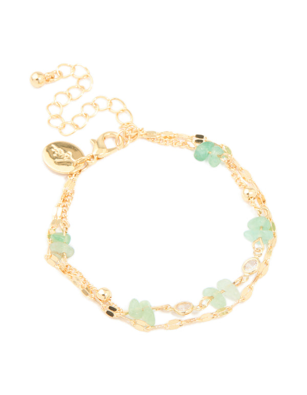 Gold Plated Jade Semi Precious Stone Chip & Cubic Zirconia Layered Bracelet