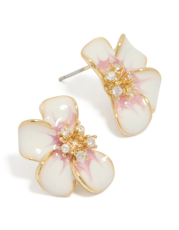 Showcasing floral stud earrings with diamante centre in gold plated ivory, pink and clear front view