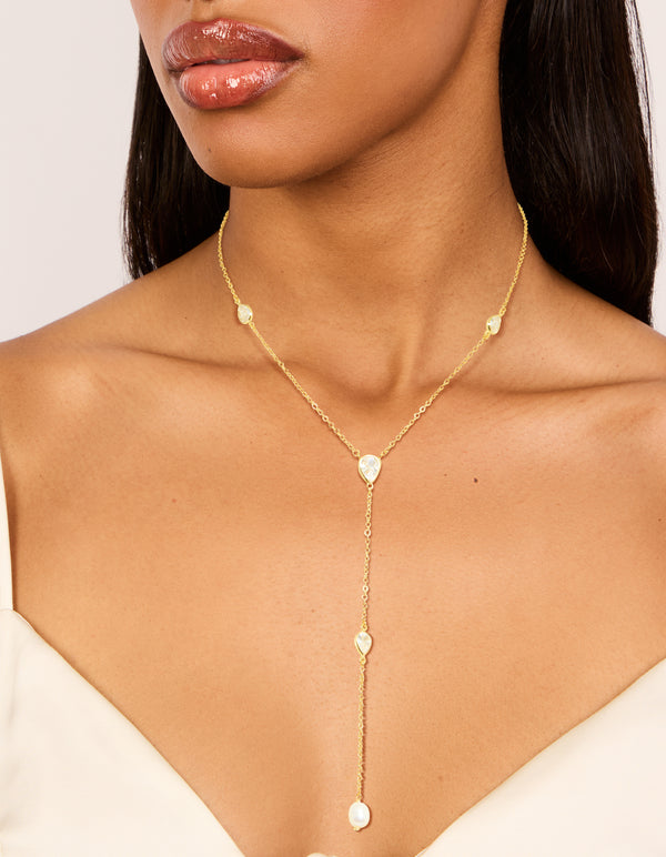 Gold Plated Cubic Zirconia Teardrop & Pearl Y-Necklace