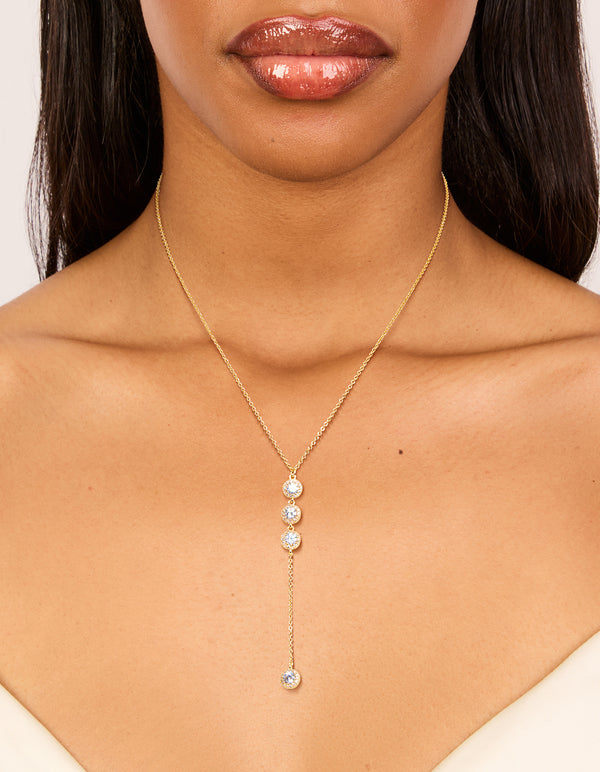 Gold Plated Cubic Zirconia Halo Round Triple Drop Necklace