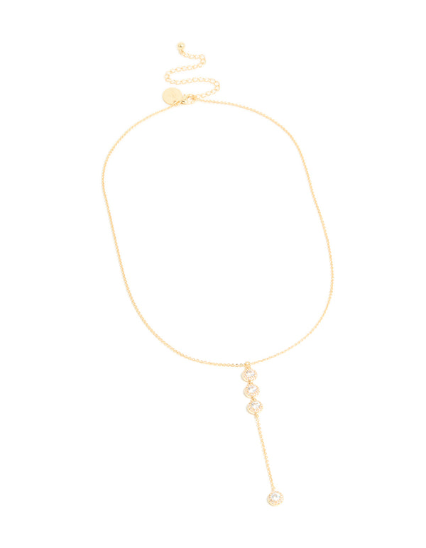 Gold Plated Cubic Zirconia Halo Round Triple Drop Necklace
