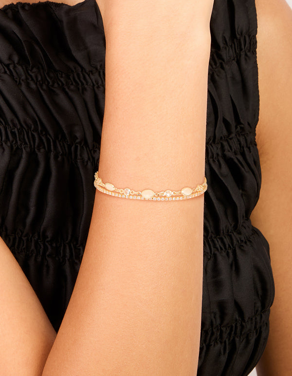 Gold Plated Cubic Zirconia Tennis & Oval Bracelets 2-Pack