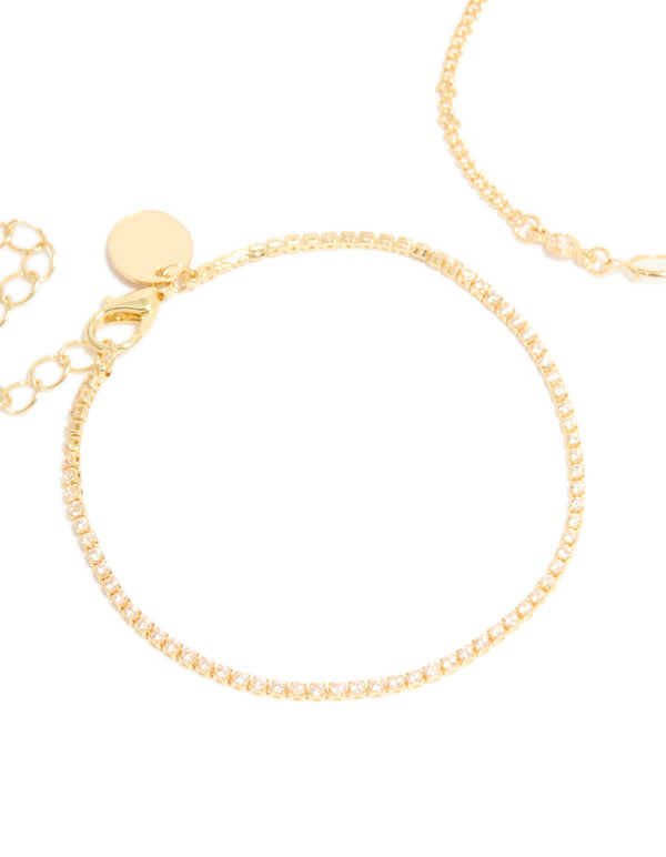Gold Plated Cubic Zirconia Tennis & Oval Bracelets 2-Pack