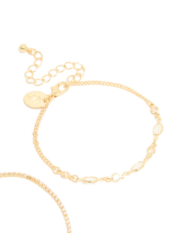 Gold Plated Cubic Zirconia Tennis & Oval Bracelets 2-Pack