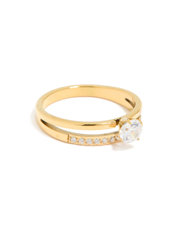 Crafted from waterproof gold plated stainless steel, this dainty double layered ring with cubic zirconia front view