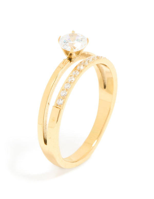 This waterproof gold plated stainless steel dainty double layered ring features cubic zirconia side detail view
