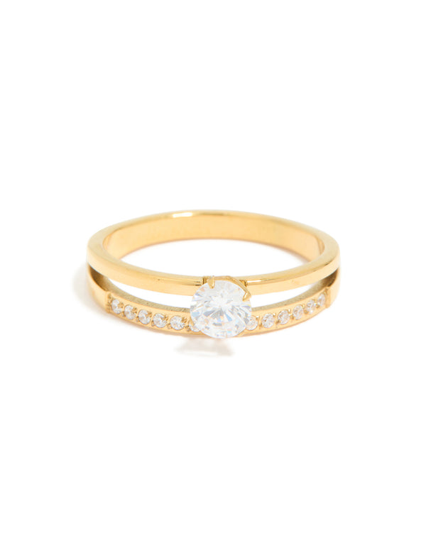 Beautifully designed waterproof gold plated stainless steel dainty double layered ring with cubic zirconia close up view